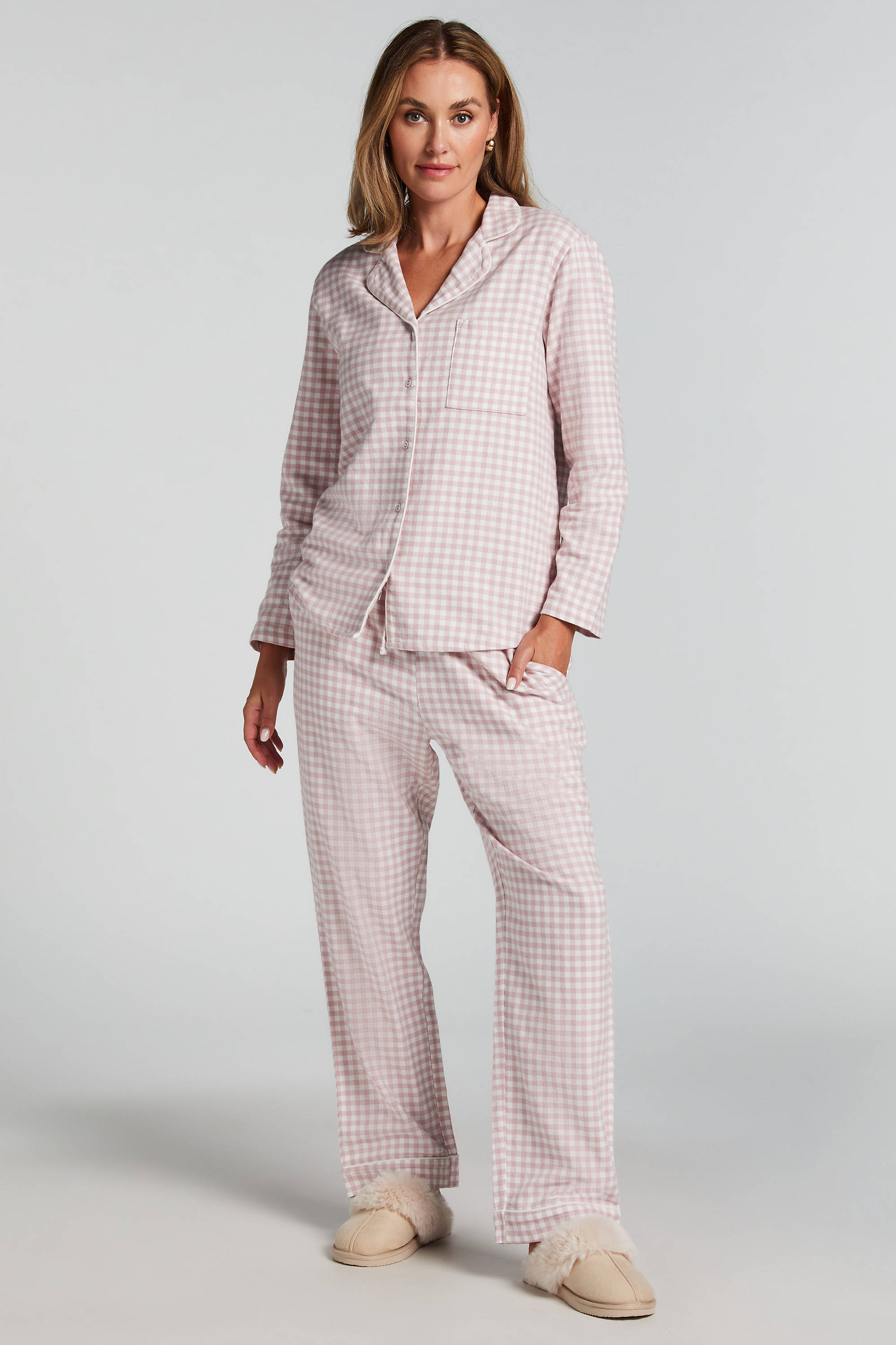 Hunkemöller flanellen pyjamatop roze/wit