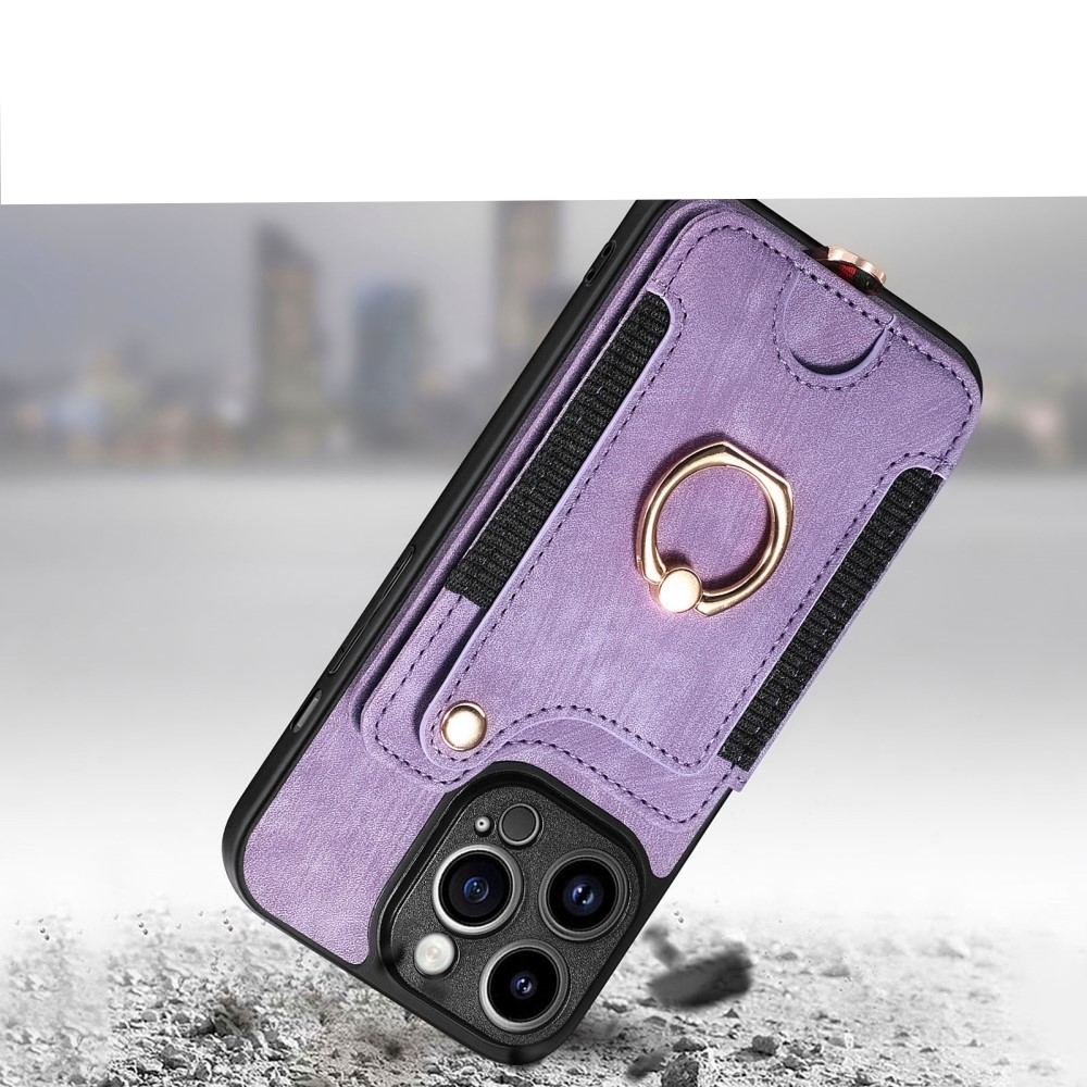 iPhone 14 Pro Max Necklace Leder Hülle mit Kartenfächer   Finger Griff Halterung   Handykette (RFID Schutz) - Lila