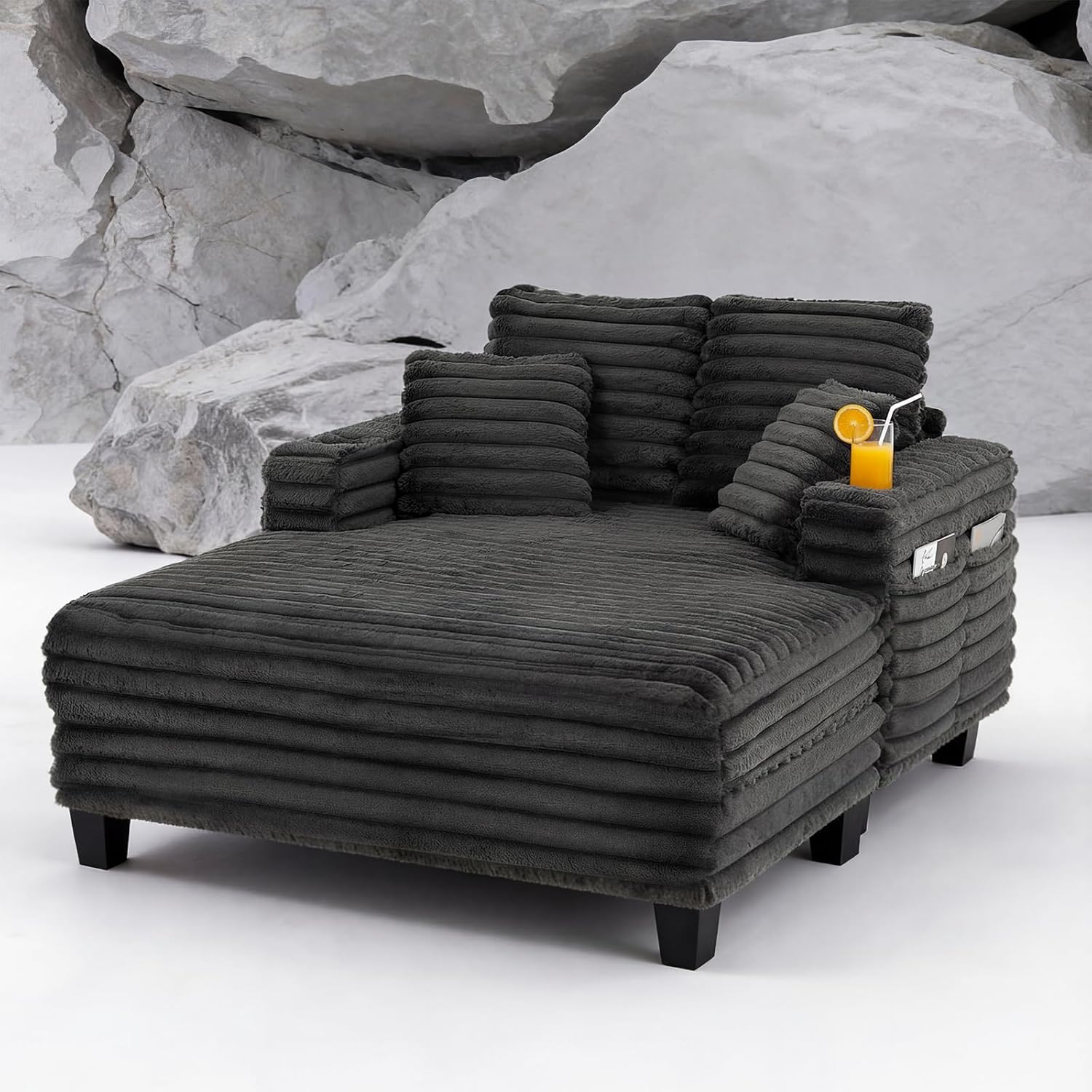 Oversized Chaiselongue Sofa, 163 cm Großer Schlafsessel mit stabilem Holzrahmen, Plüsch Cord Relaxliege mit 2 Getränkehaltern & 4 Taschen, Liegesessel für Wohnzimmer (Grau)
