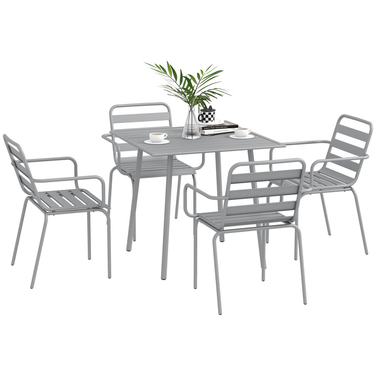 Outsunny 5-delige tuinmeubelset met 1 eettafel, 4 stapelbare stoelen, voor balkon, terras, 80B x 80D x 74H cm, staal, lichtgrijs