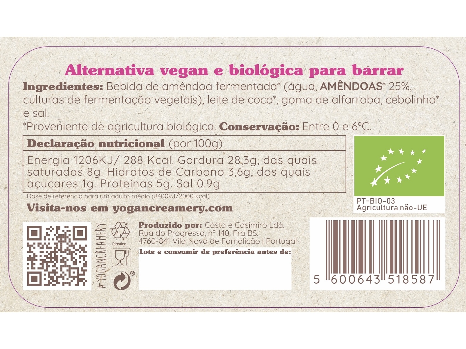 CREME DE AMENDOA YOGAN COM CEBOLINHO VEGAN BIO 150G