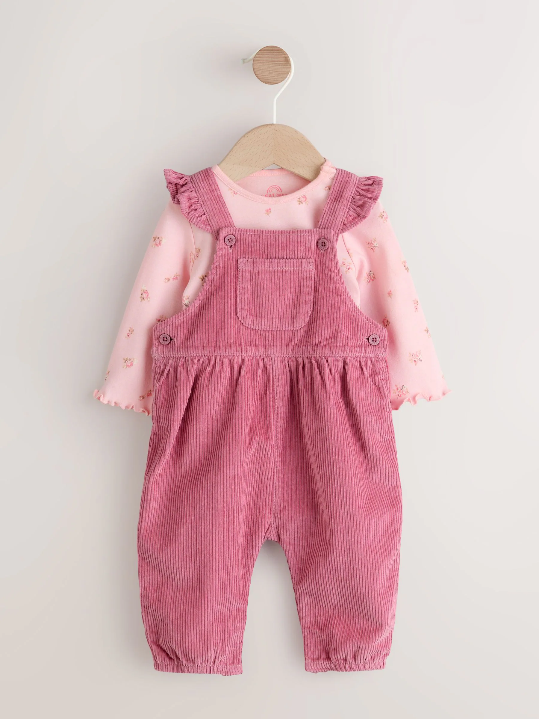 Roze met vrolijke print - Baby Print Bodysuit met Lange mouwen en Corduroy bretelbroeken Set 2 Pieces (0mnd -2jr)