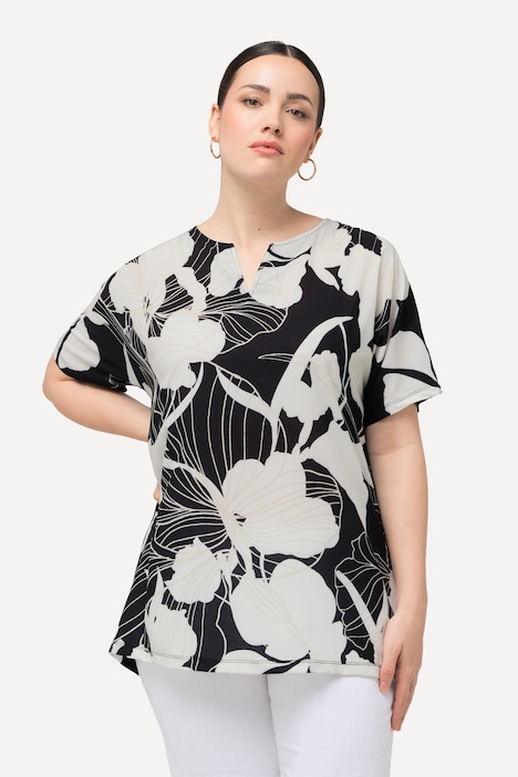 T-Shirt, Blüten, Oversized, Tunika-Ausschnitt, Halbarm