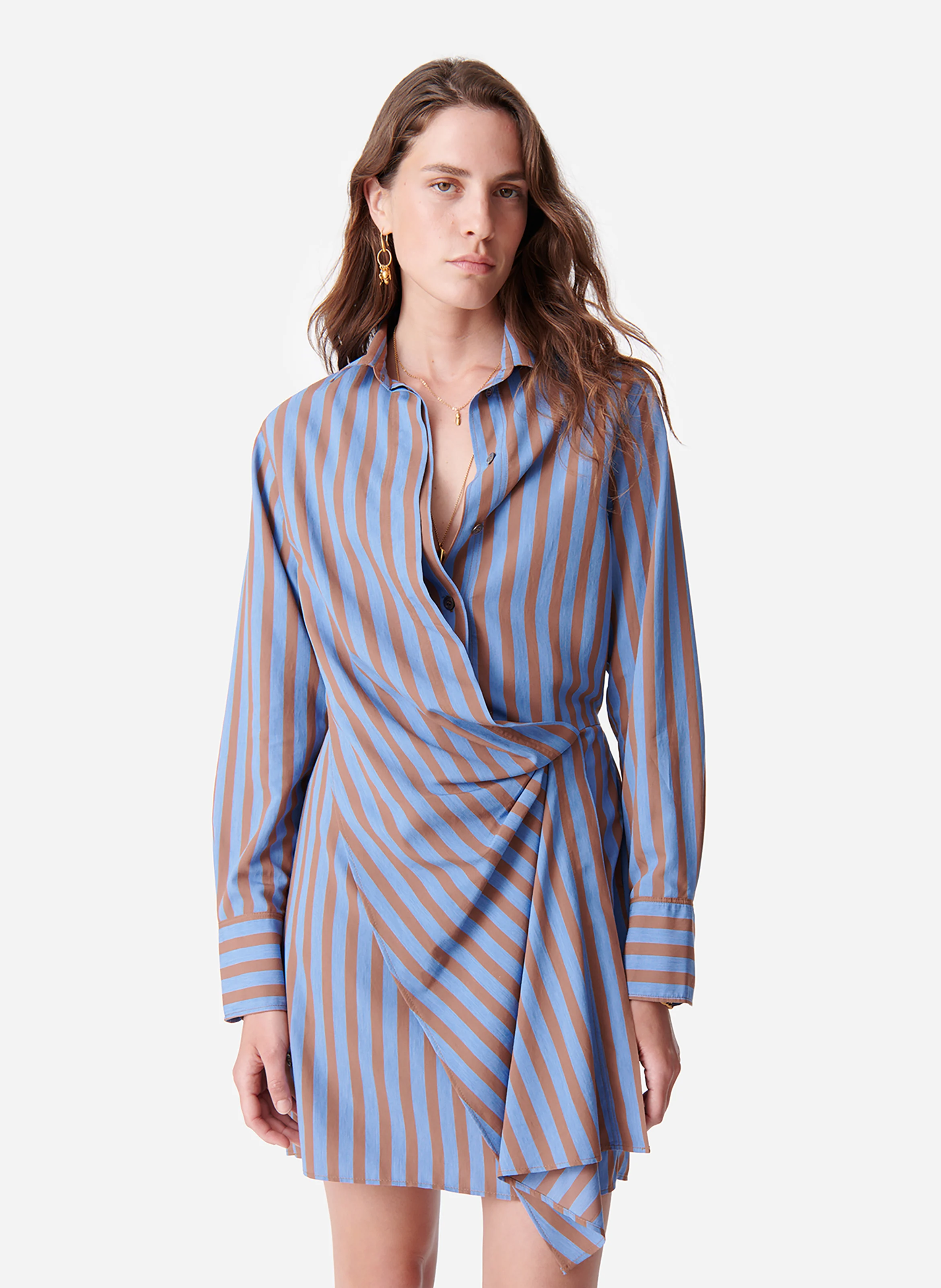 DEMI - Robe courte col classique en coton mélangé rayé | Bleu