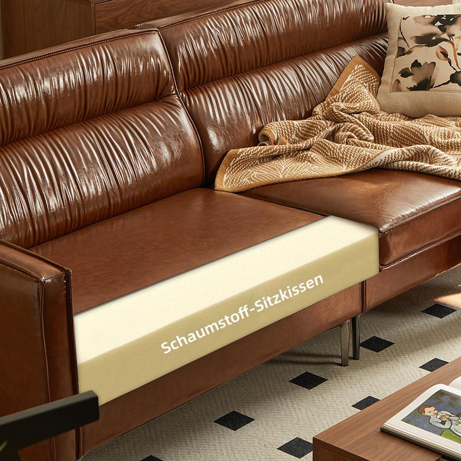 3-Sitzer Sofa in Vintage Lederoptik – Kompaktes Kunstleder Sofa mit Knopfheftung, Metallfüßen & Geraden Armlehnen, Braun – Retro Couch für Wohnzimmer, Büro oder kleine Wohnung (glatte Variante)