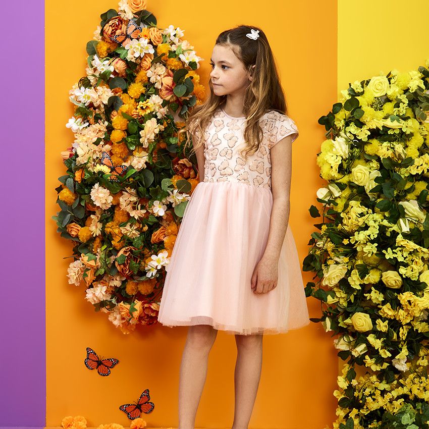 Robe de cérémonie en tulle avec papillons en sequins pour fille - Rose
