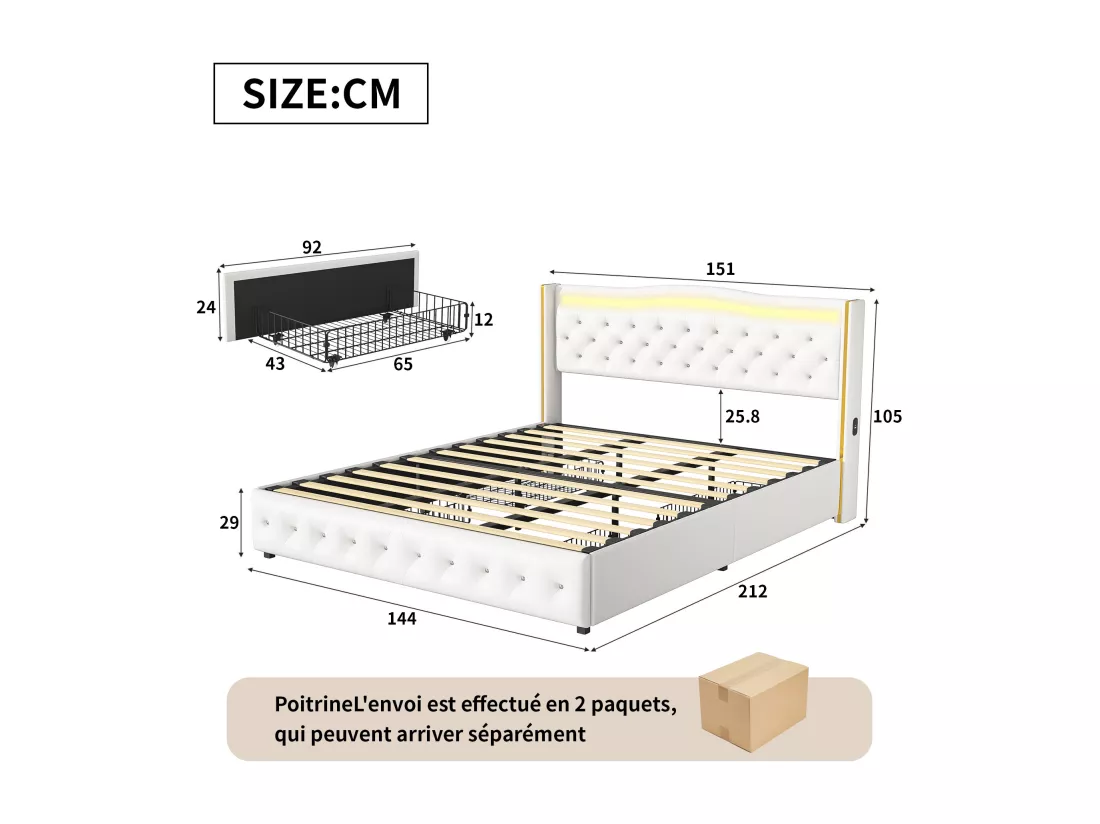 Lit 140x200cm avec Sommier LED et USB, lit Capitonné avec 4 Tiroirs, Cadre de Lit avec Sommier à Lattes, Lit 2 Personnes, PU, Blanc