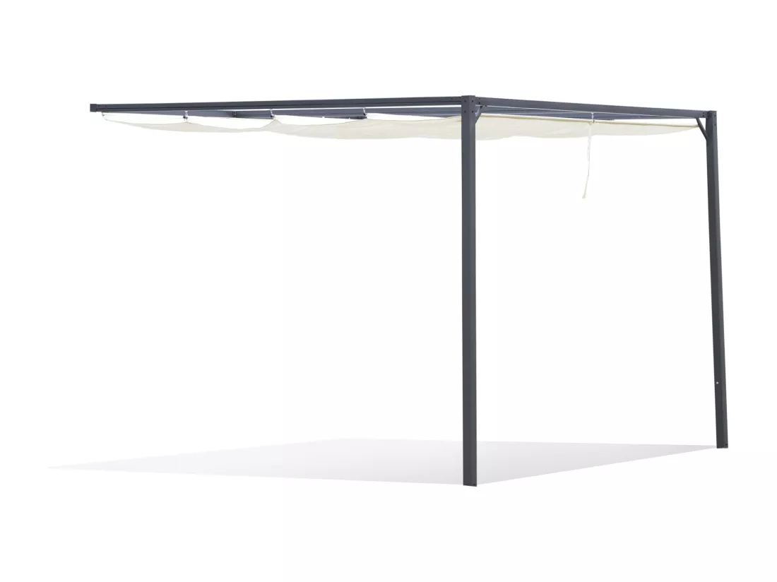 Pergola adossable retractable dim. 3L x 3l x 2,3H m pavillon de jardin toile polyester haute densité crème structure métal époxy gris