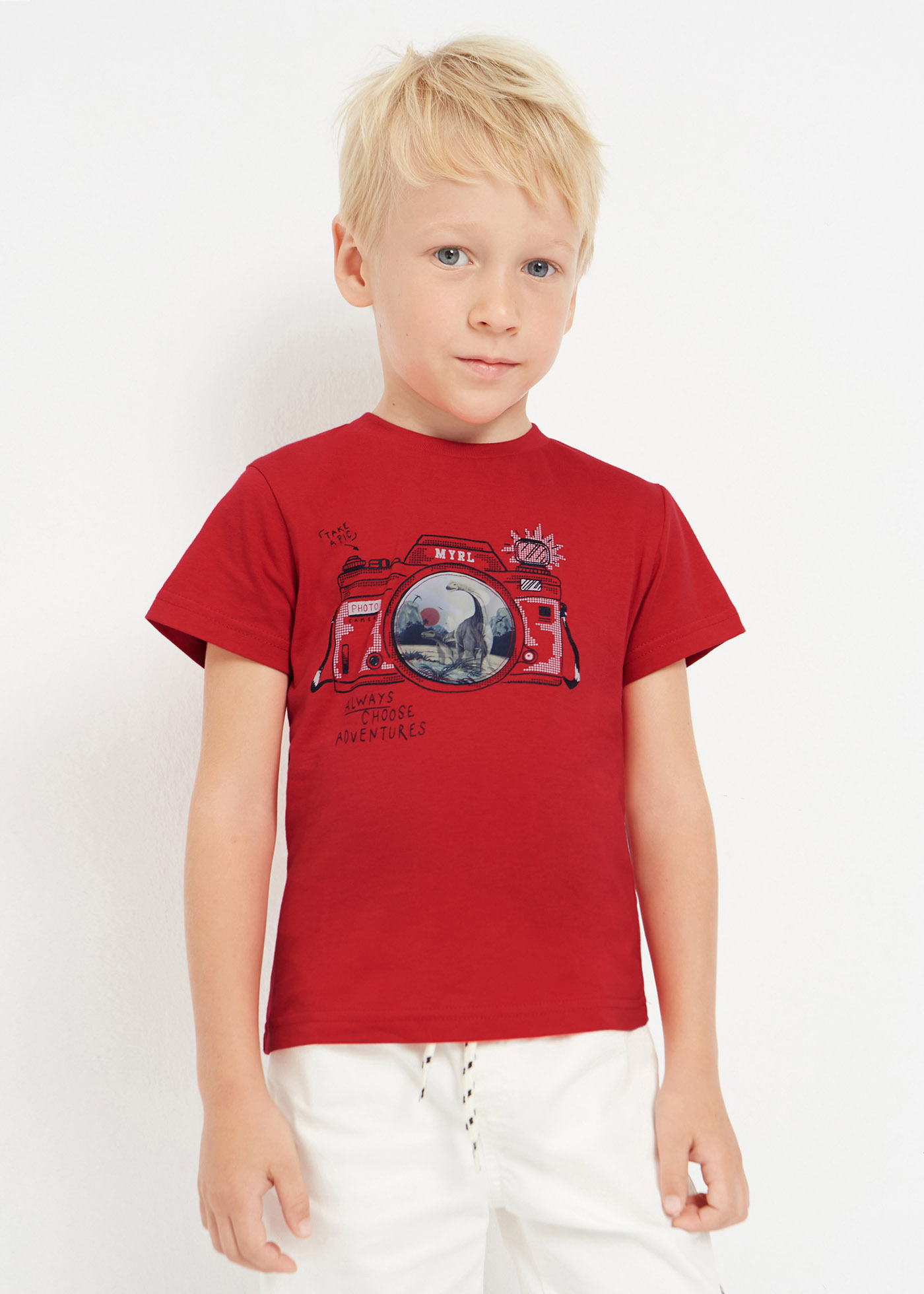 Camiseta de manga curta com estampa interativa para meninos