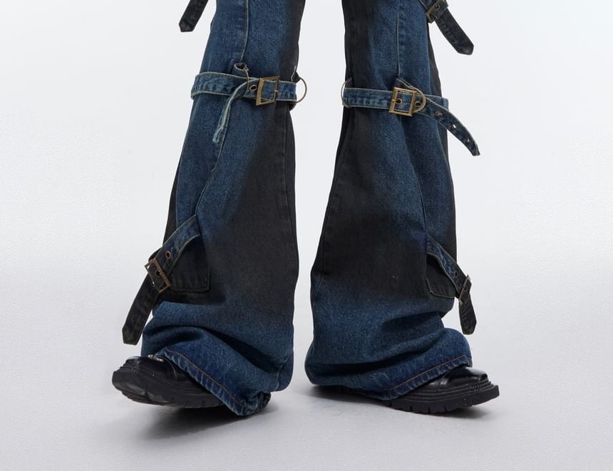 kooklay - Mid Rise Washed Belted Wide Leg Jeans