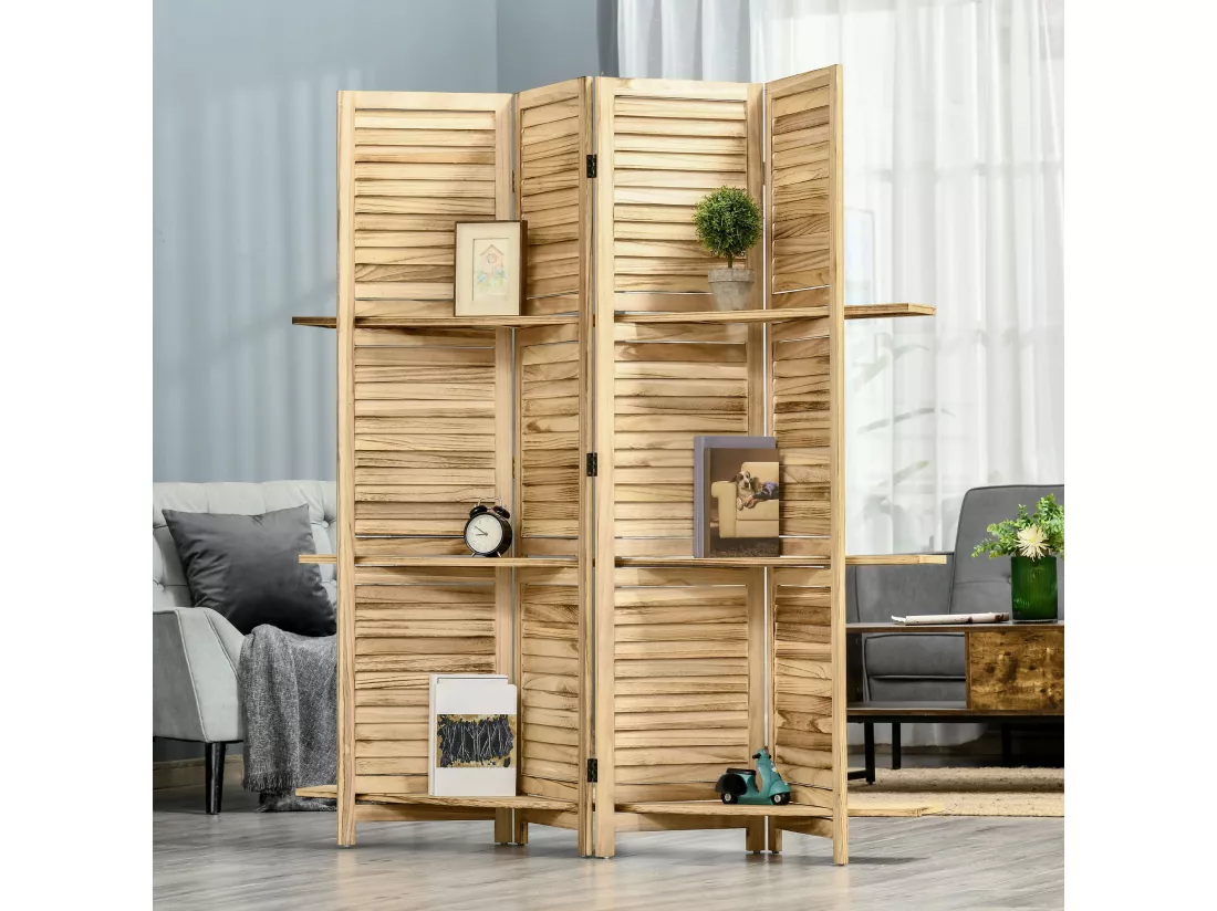 Paravent intérieur 4 panneaux 3 étagères pliables séparateur de pièce portes persiennes bois de paulownia aspect pin autoclave