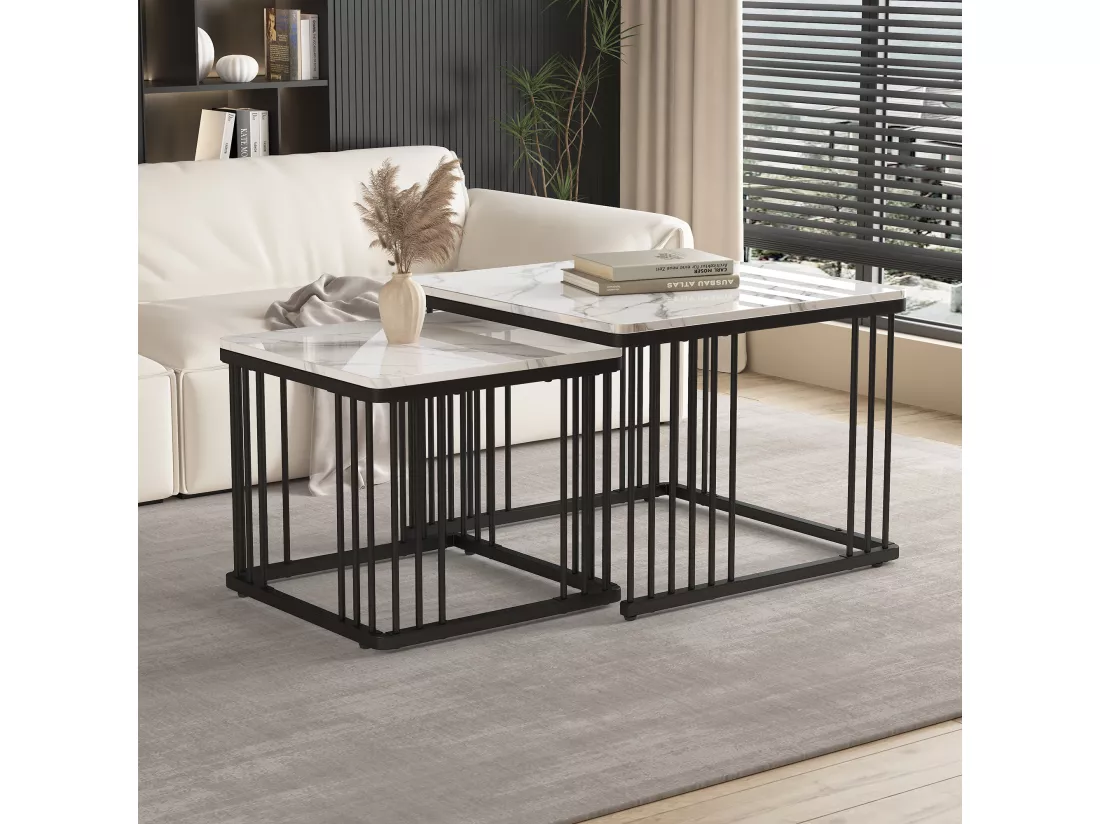 Lot de 2 tables basses gigognes en forme carrée - 60x60x45cm +45x45x40cm - Motif à marbre - Bois MDF et métal - Blanc + noir