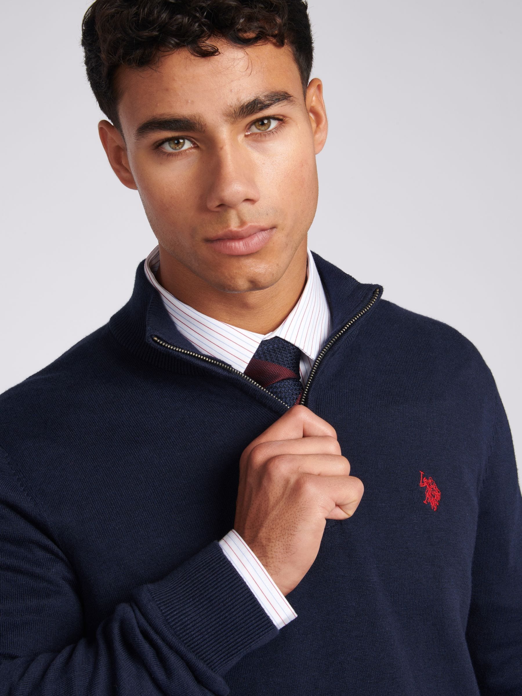 Marineblauw - U.S. Polo Assn. Katoenen Opstaande kraag 1/4 gebreid met rits