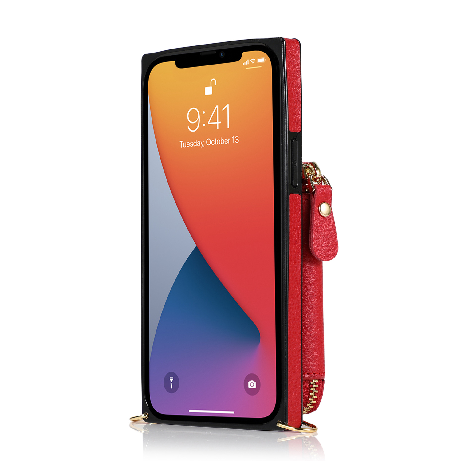 iPhone 13 Pro Necklace Leder Schutz Hülle mit Kartenfächer   Handykette (140cm) - Rot
