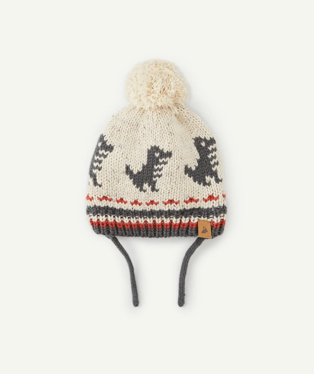 BONNET TRICOT BÉBÉ GARÇON EN FIBRES RECYCLÉES BEIGE AVEC MOTIFS ET POMPON