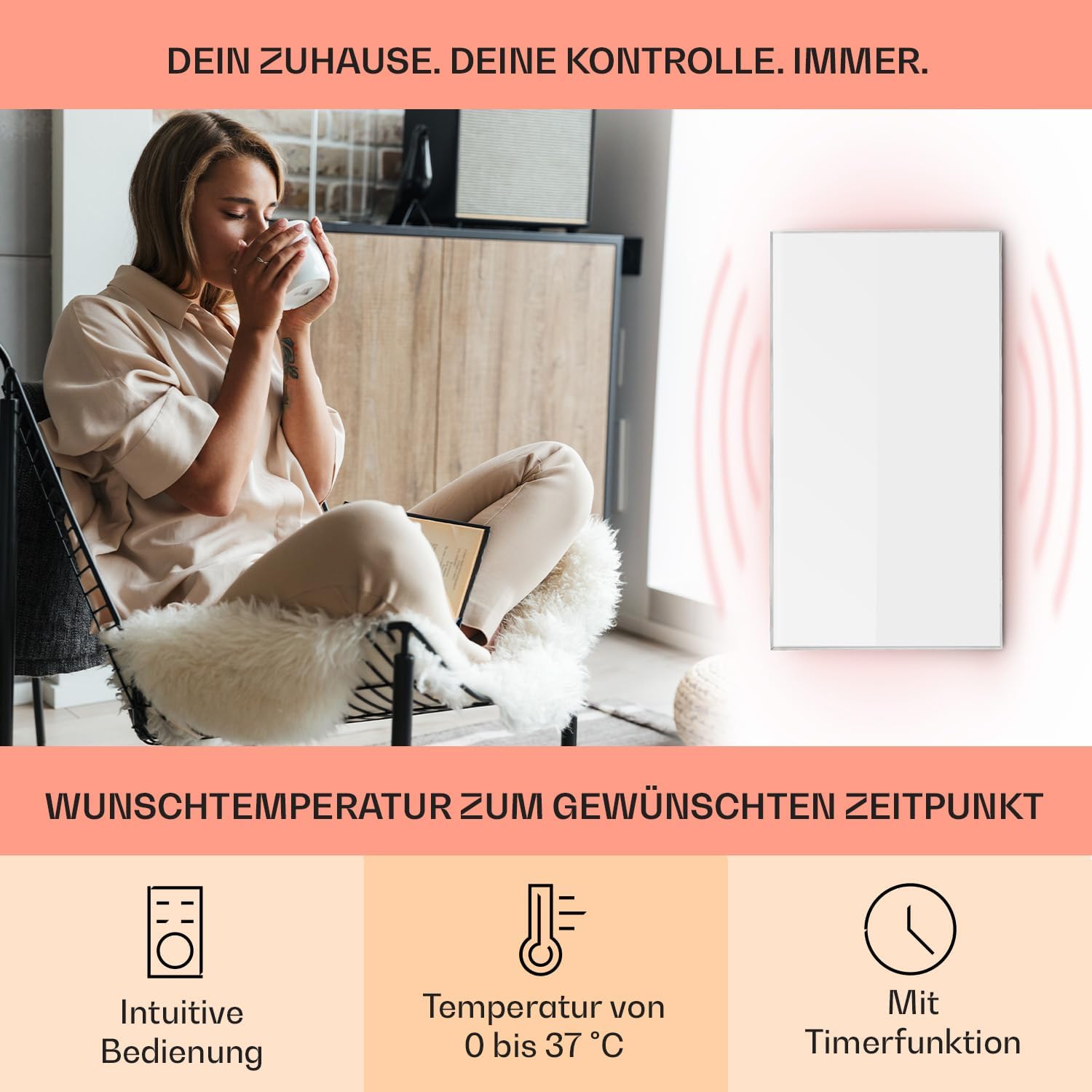 Klarstein Infrarotheizung mit Thermostat, 450W Elektroheizung, Infrarotheizung zur Wandmontage, IR mit Erkennung Offener Fenster, CO2-Freier Feuchtraum Flach-Heizkörper, Sparsame Elektro Wand Heizung