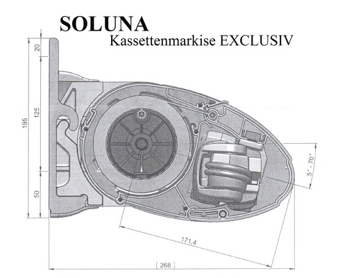SOLUNA cassettescherm Exclusiv 2x1,5 doekdesign 0034 frame RAL 7016 antracietgrijs aandrijving rechts incl. motor en wandschakelaar