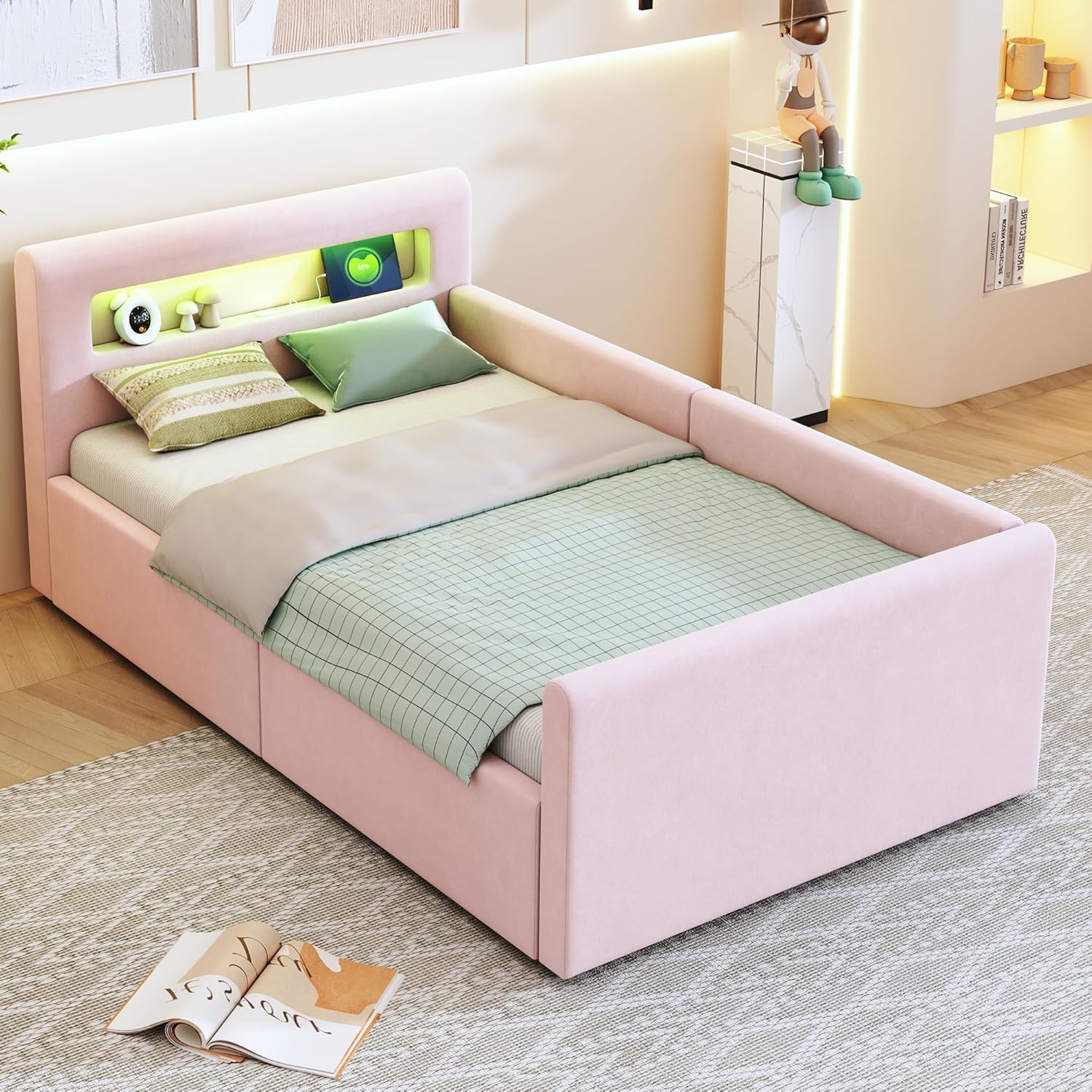 okwish Polsterbett Kinderbett 90x200 cm, Jugendbett mit hydraulischem Stauraum, LED Nachtlicht & USB-Anschluss, Samtstoff, Rosa, ohne Matratze