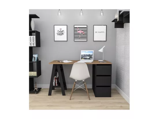 Bureau Tréteau et Caisson 3 Tiroirs Noir et Châtaignier L 135 H 75 P 60 cm