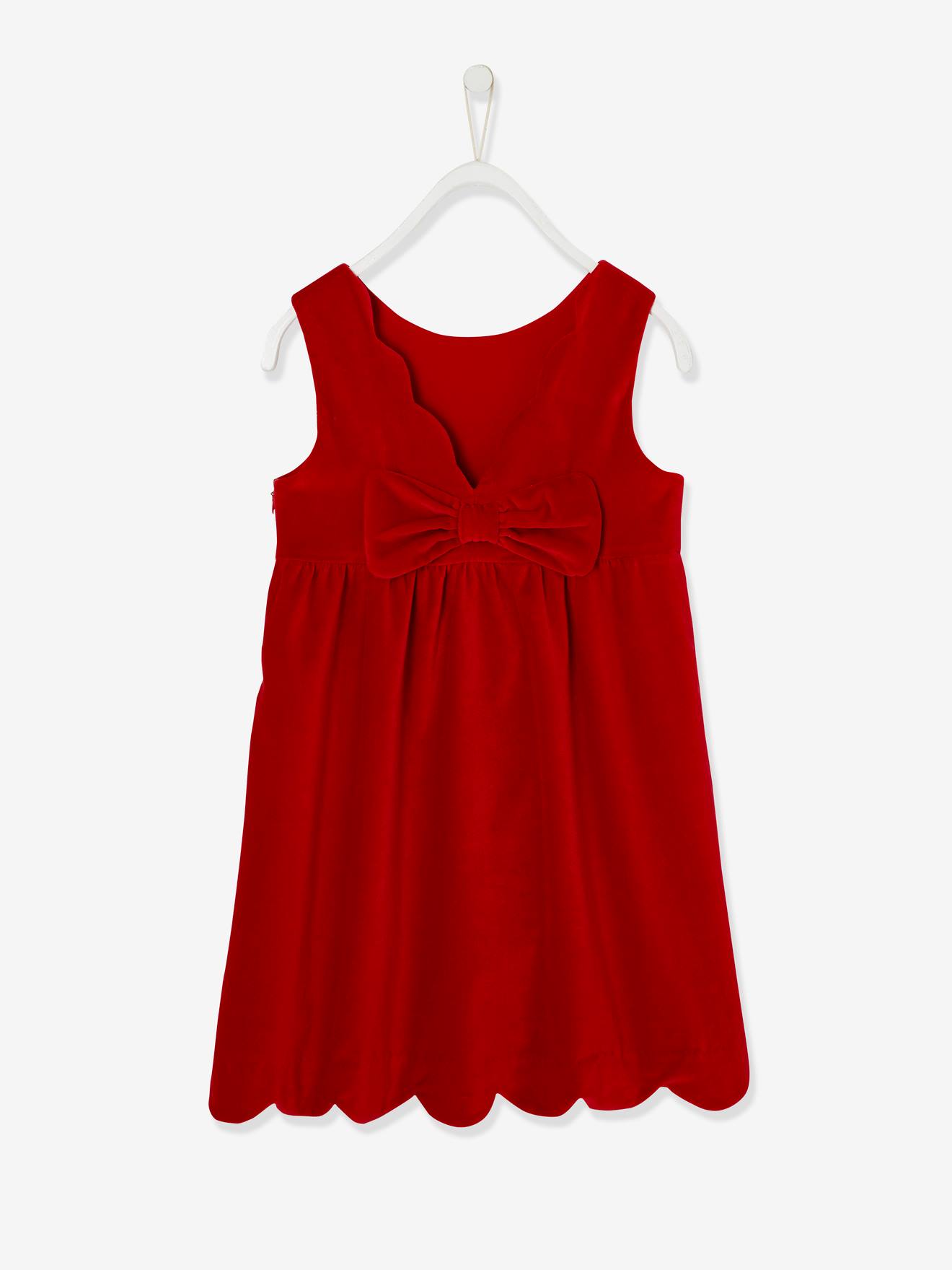 Vestido de festa liso de veludo com laço nas costas, para meninas, vermelho escuro liso