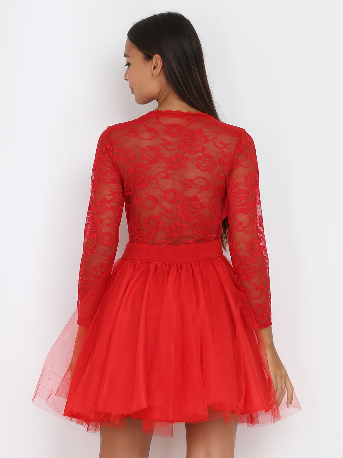 Robe patineuse en tulle et dentelle- Rouge
