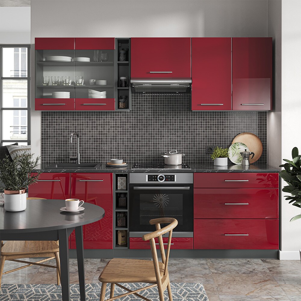 Vicco Küchenzeile Küchenblock Einbauküche Fame-Line Anthrazit Rot 235 cm modern Hochglanz Küchen Schränke Hängeglasschrank Hängeschrank Schubladenunterschrank Spülenunterschrank Herdumbauschrank