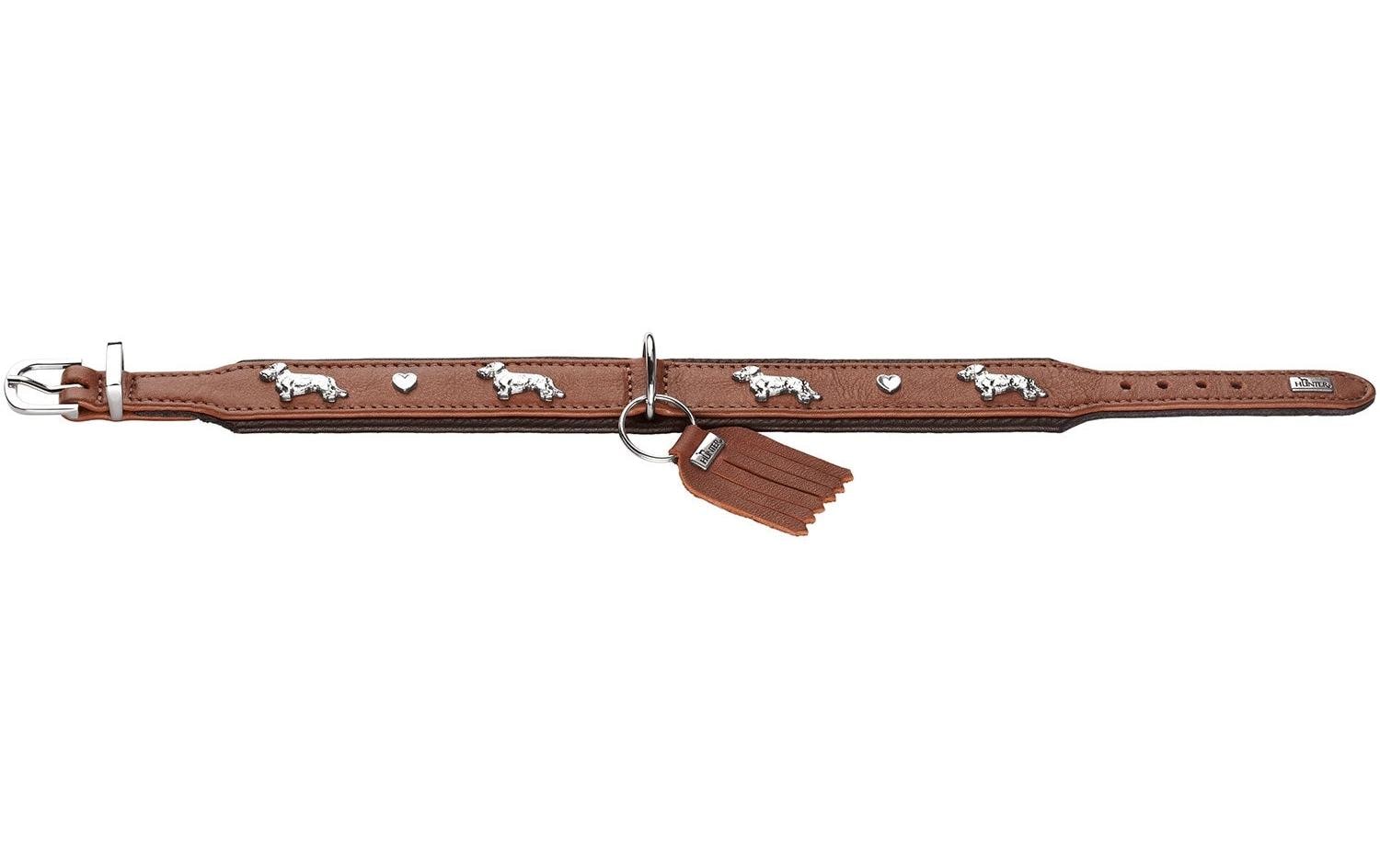 Teckel-Halsband München 37/XS-S, Rindsleder, Cognac/SchwarzKlassisches Halsband für Hunde mit auffälligen Dackel-Besätzen