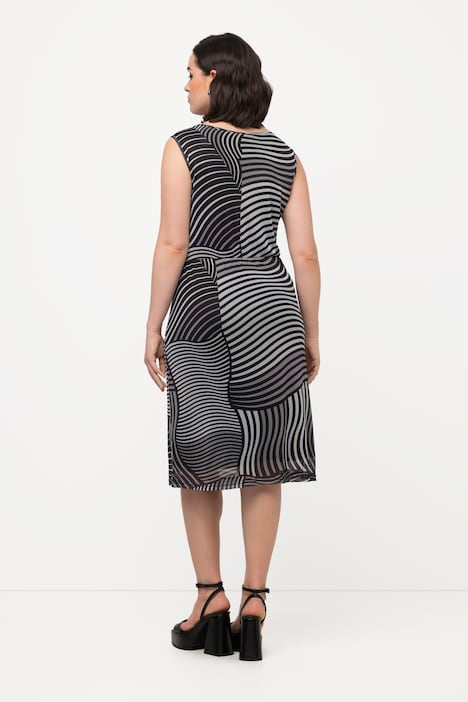 Mesh-Midikleid, grafischer Druck, V-Ausschnitt, ärmellos