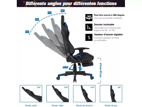 Chaise Gaming RVB , Fauteuil Gamer Éclairage LED 358 Effets en PU avec Dossier, Hauteur et Repose Pieds Réglable Bleu