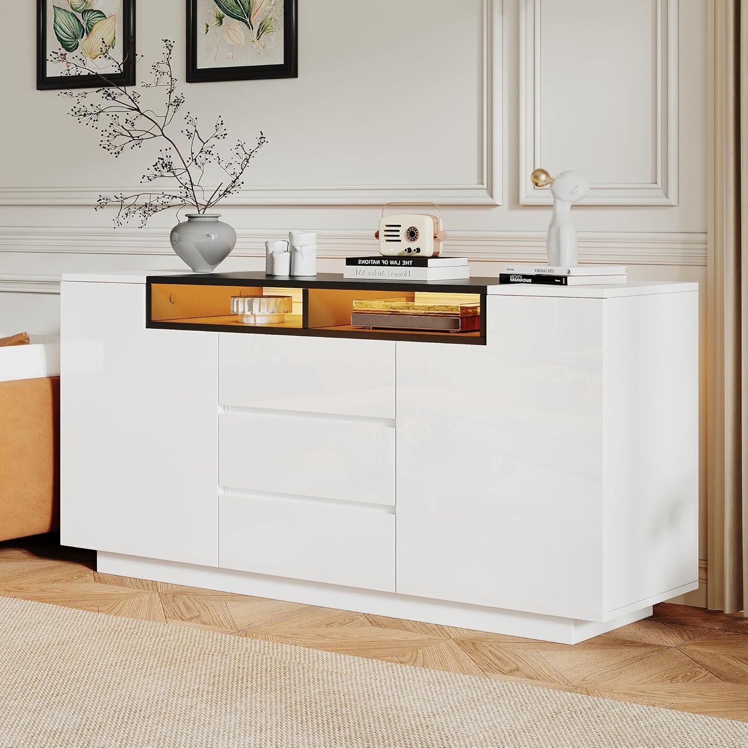 ModernLuxe LED Sideboard Hochglanz Kommode 140x40x68cm,3 Schubladen und 2 L-Türen, Wohnzimmer Sideboard Weiß Schwarz mit Verstellbaren Regalen