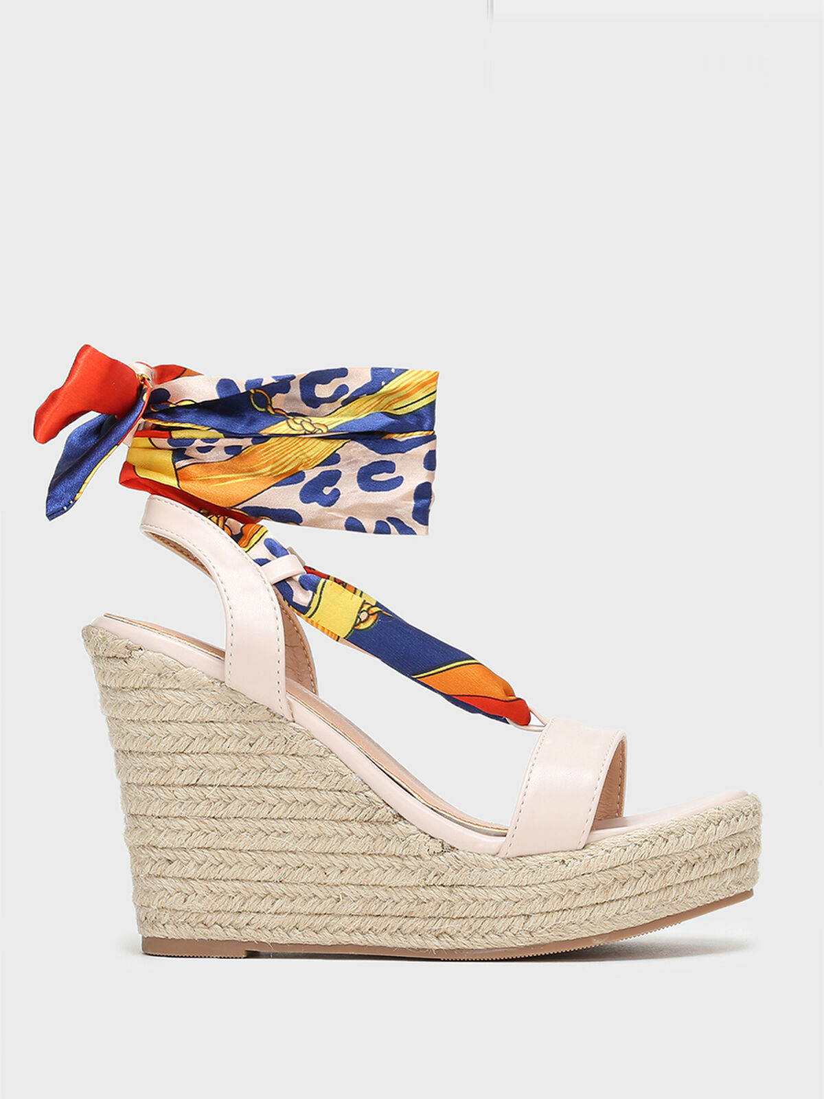 Sandales compensées à ruban imprimé- Beige