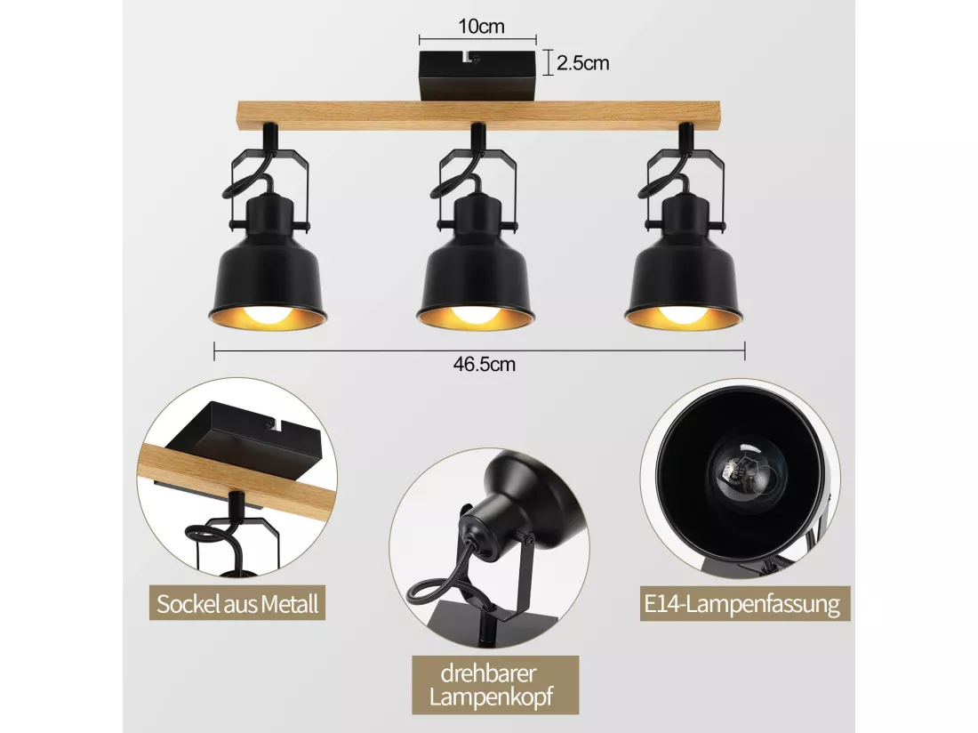 NETTLIFE Spot de Plafond 3 Flammes Orientable à 350° Vintage E14 de conception de haute qualité en bois veiné