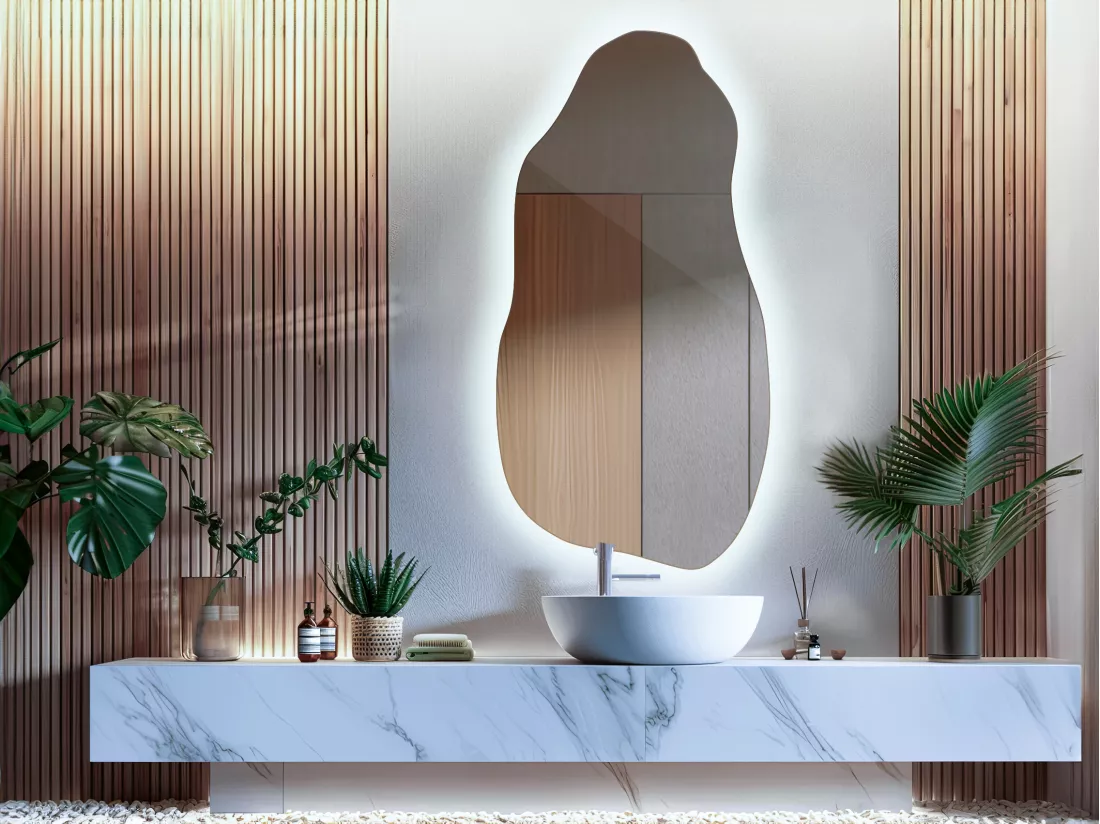 Miroir LED froid forme irrégulière style moderne unique 45 cm x 90 cm - lumière froide