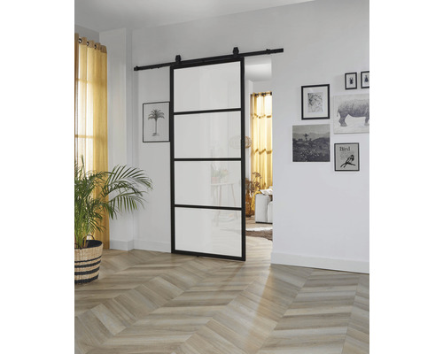 Intersteel Cubo Basic -Top schuifdeurset compleet, zwart met gehard veiligheidsglas (ESG) met satijnglans, 98x215 cm, inclusief deurblad, Basic Top schuifdeurbeslag en krukgarnituur.