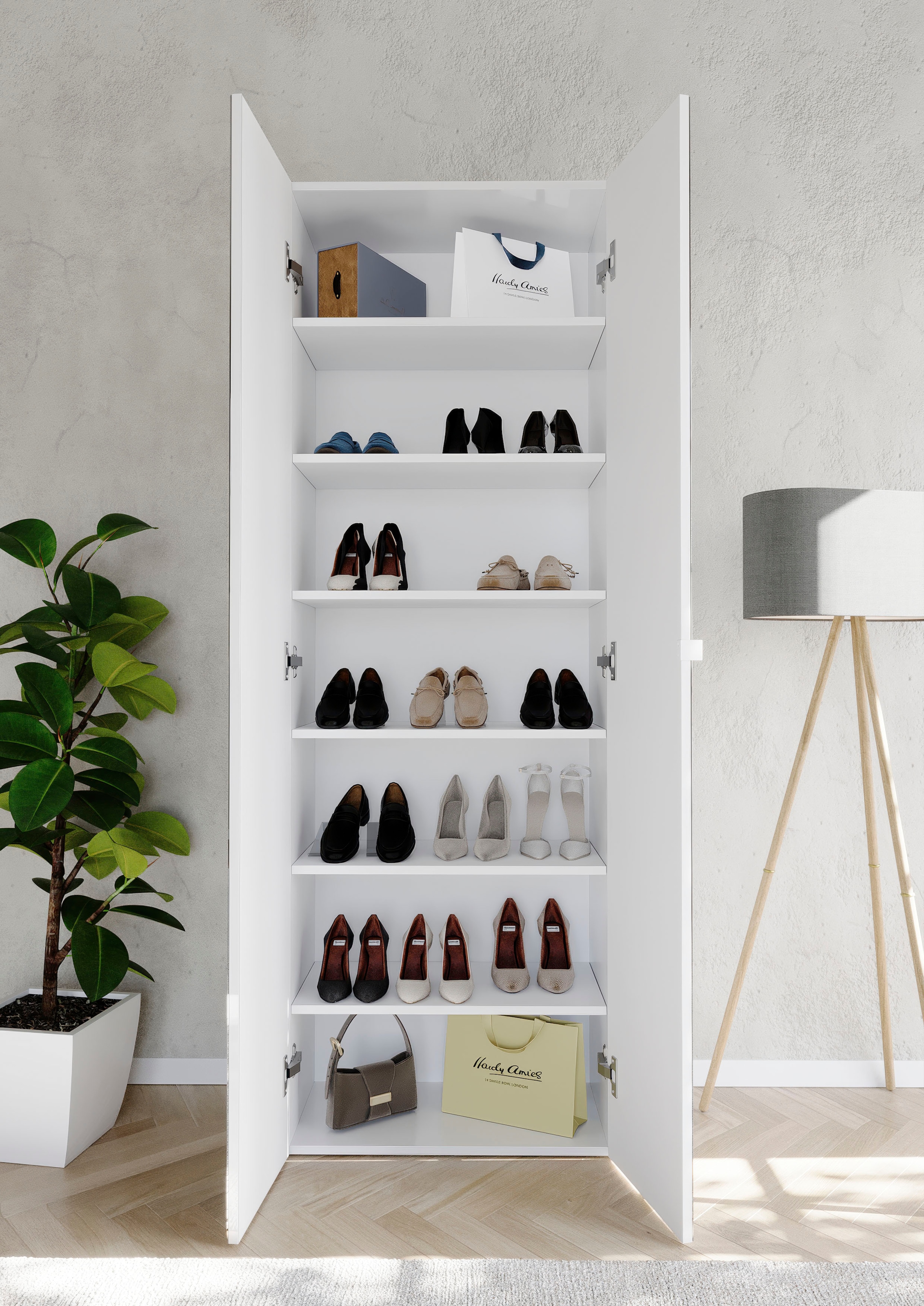 INOSIGN Schuhschrank »SMILE Höhe 184 cm, Weiss Hochglanz lackiert mit 2 Spiegeltüren,« Schuhregal mit 7 Ebenen, Metallgriff, viel Stauraum, 4 Böden variabel