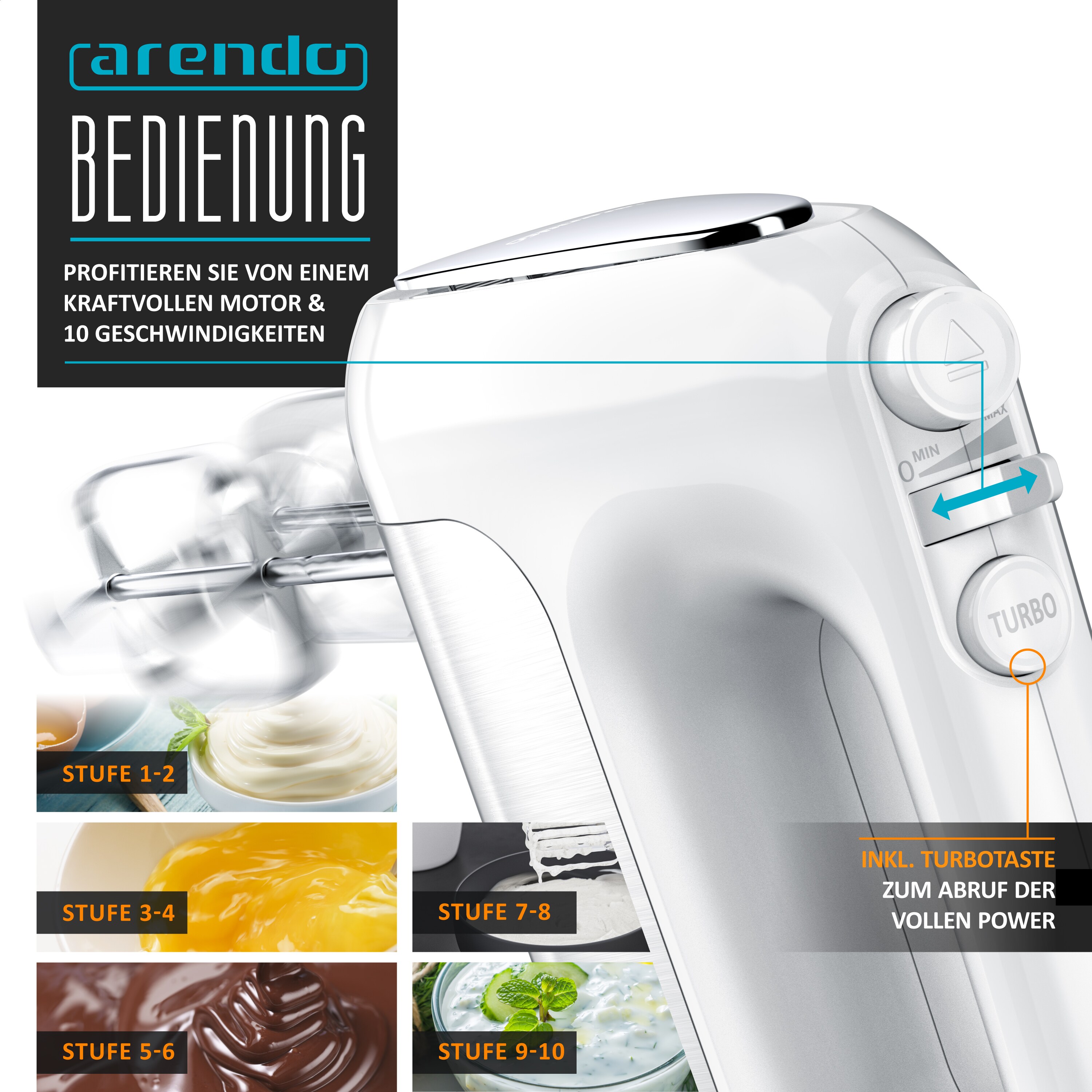 Arendo Elektrischer Handmixer Handrührer - inkl. 2 Quirle und 2 Knethaken aus Edelstahl - Handrührgerät - Hakenentriegelung - Turbotaste