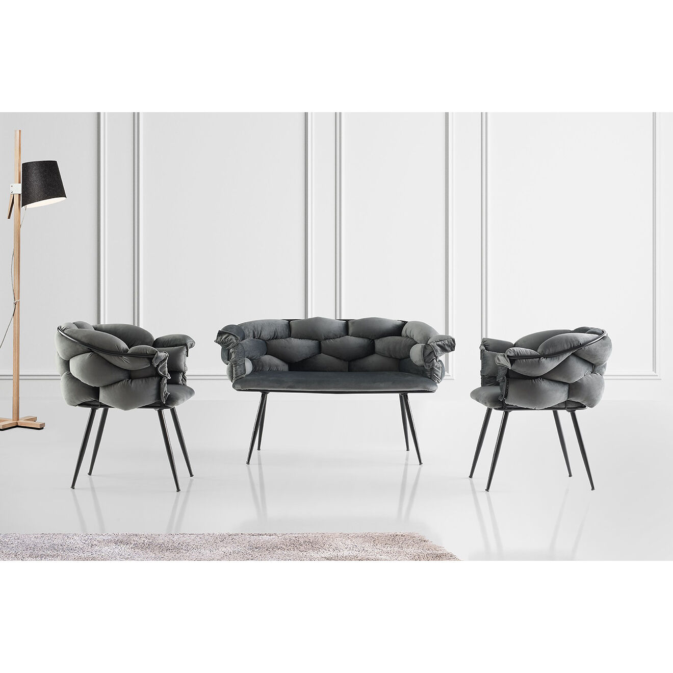 Wooden Art Canapé + 2 Chaises Balon gris foncé/noir