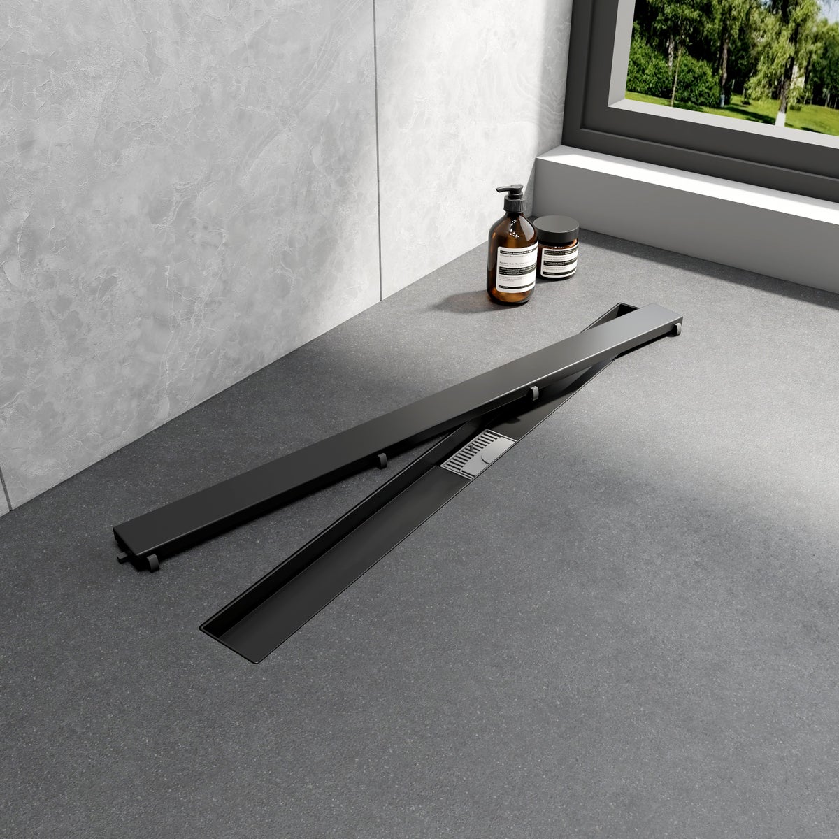 EMKE RVS doucheafvoer 2-in-1 complete set, 800 mm, betegelbaar, extra plat, zwart met haarzeef en sifon - Standaardmaat adapter 40/50 mm, installatiehoogte 77-96 mm, waterstroom 30 l/min.