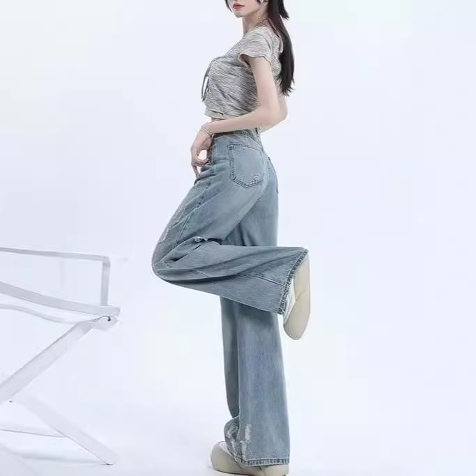 Carotaine - High Waist Washed Distressed Wide Leg Jeans
