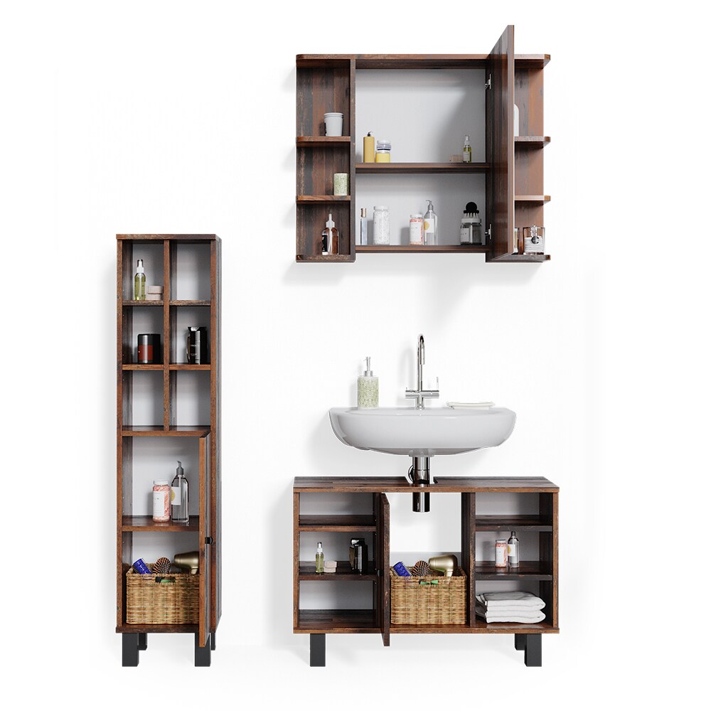 Vicco Badmöbelset Waschtischunter 80cm Spiegelschrank Midischrank große Tür Fynn
