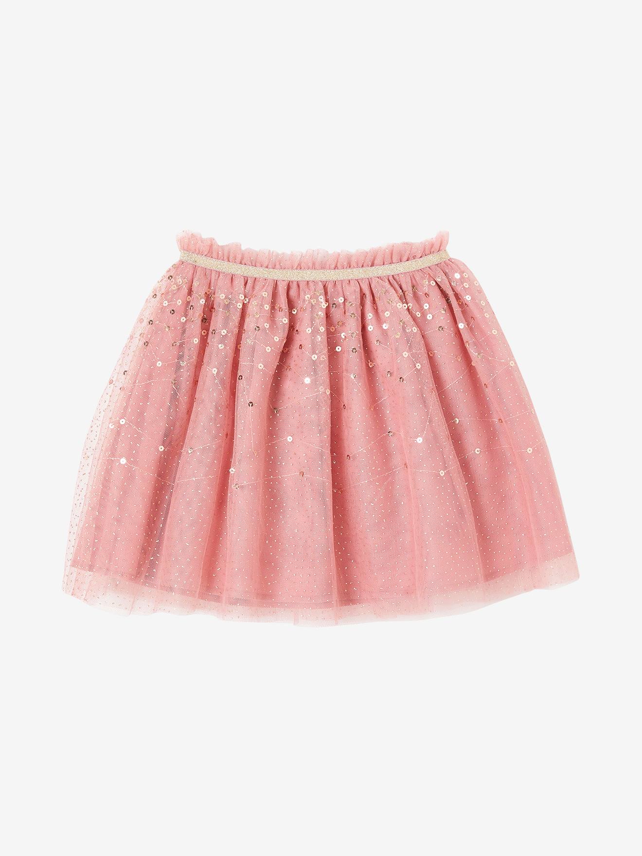 Saia estilo anágua feita de tule cravejado com lantejoulas e glitter rosa antigo.