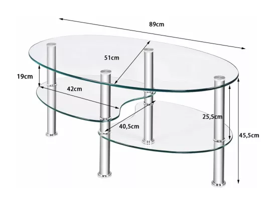 Table basse en verre transparente avec 3 etagères en verre trempé, ovale 90x50x45cm