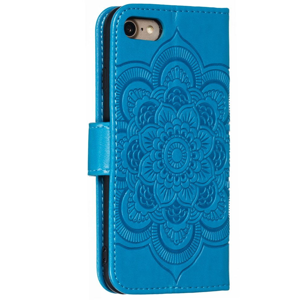iPhone SE (2022/2020) / 8 / 7 Leder Tasche Wallet - Mandala Flowers Imprint in Blau