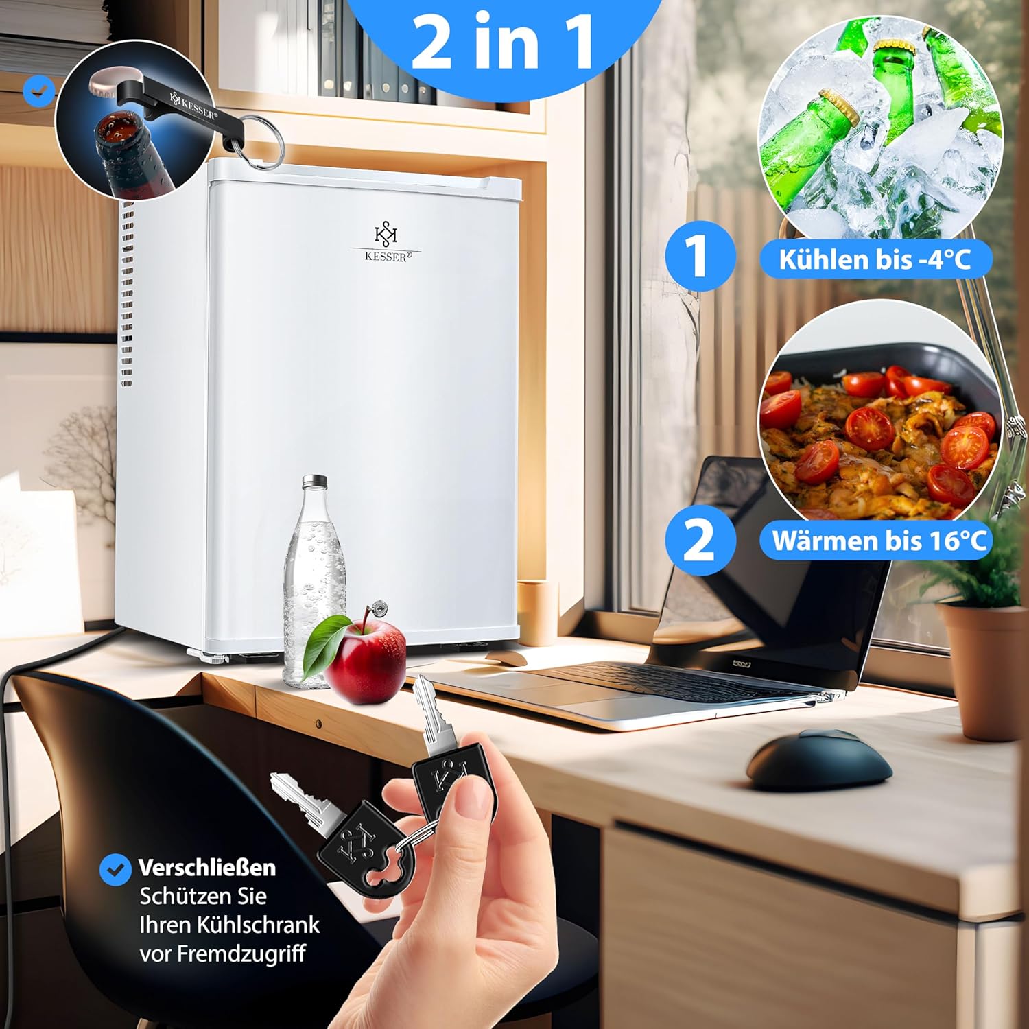 KESSER® Mini réfrigérateur avec Serrure, Mini Bar de 40 l, Silencieux, 22 DB, verrouillable, Chambre à Coucher, butée de Porte Amovible, env. 4 à 16 °C, Hauteur 57 cm, éclairage intérieur