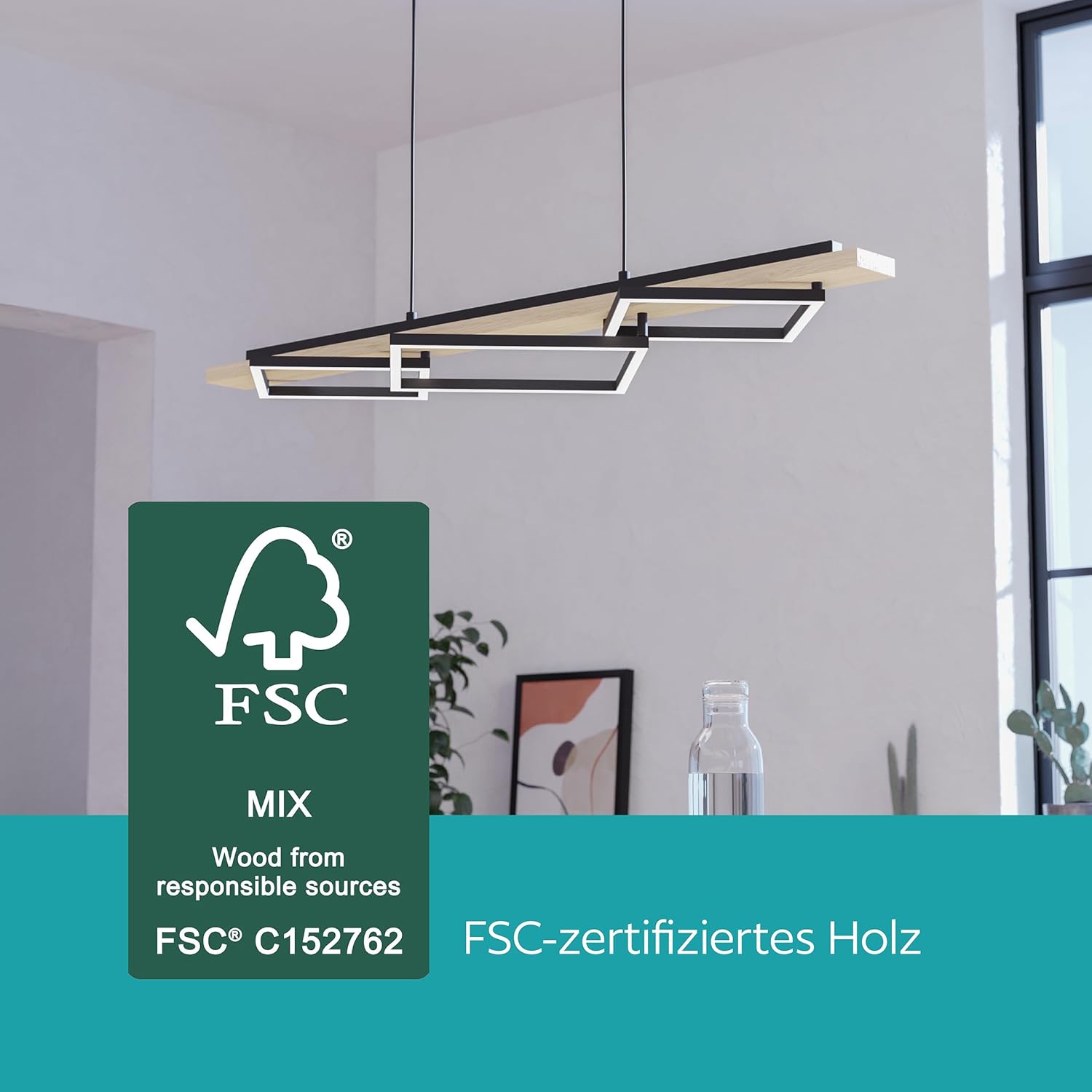 EGLO LED Hängelampe Boyal, Esstisch Pendelleuchte 3-flammig, Hängeleuchte aus rustikalem Holz und schwarzem Metall, Esstischlampe FSC zertifiziert, warmweiß