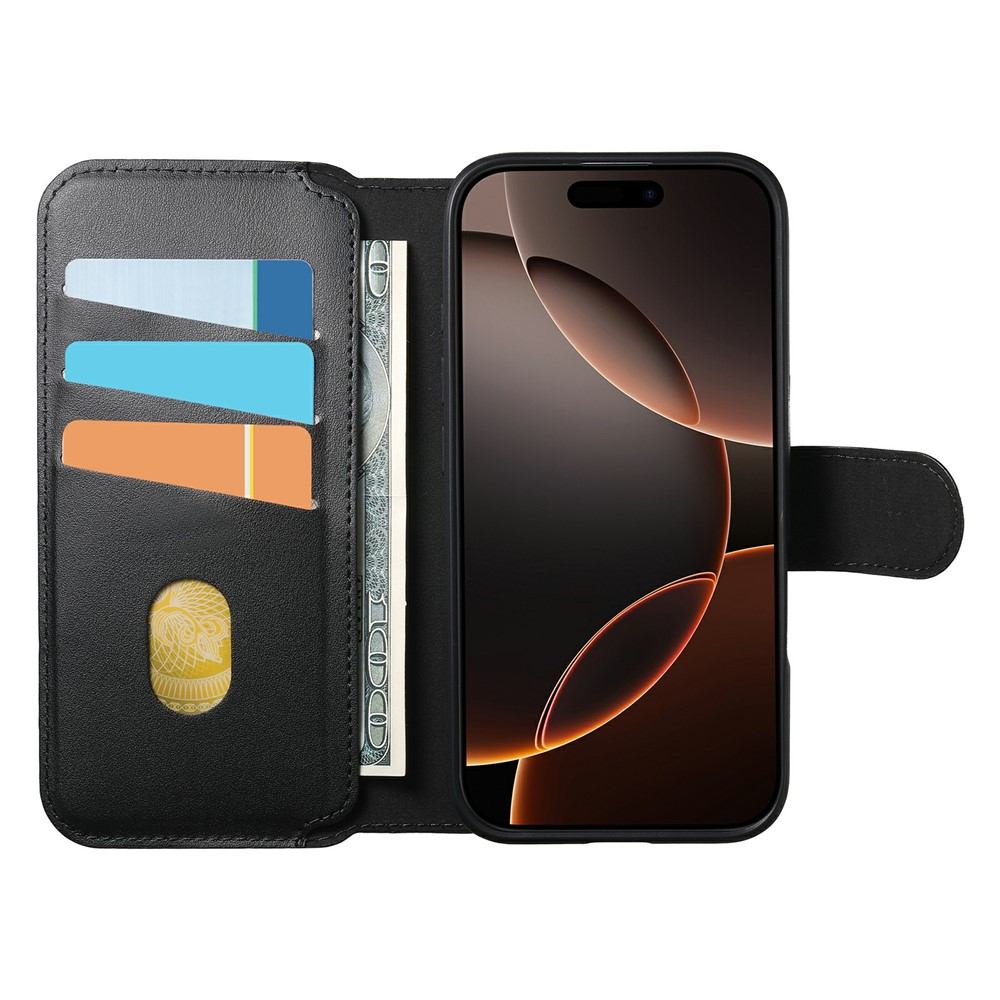 iPhone 16 MagSafe Leder Case Schutzhülle mit Finger Griff Halterung   Abnehmbare Tasche inkl. Kartenfächer (RFID Schutz) - Schwarz