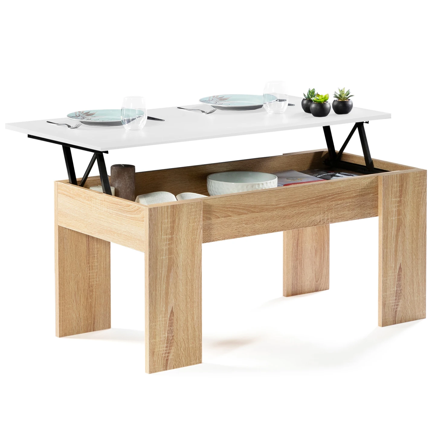 Table basse plateau relevable rectangulaire TARA bois imitation hêtre et blanc