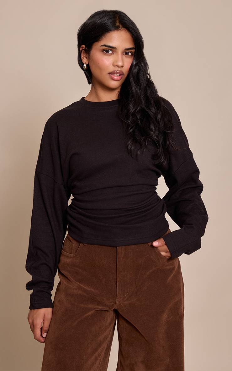 Noir Top Petite À Manches Longues Avec Taille Froncée