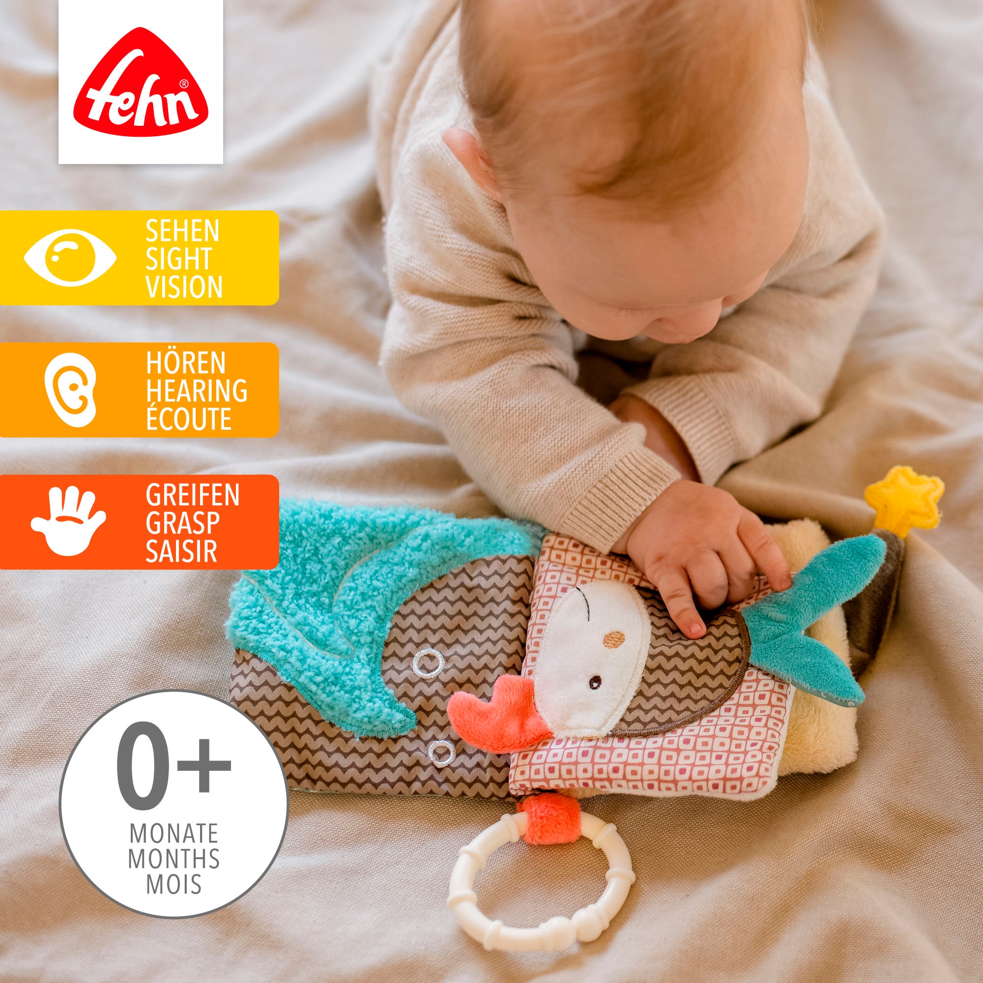 Fehn Greifspielzeug »Bruno, Stoffbuch« mit Ring zur Befestigung an Kinderwagen, Babyschale oder Bett
