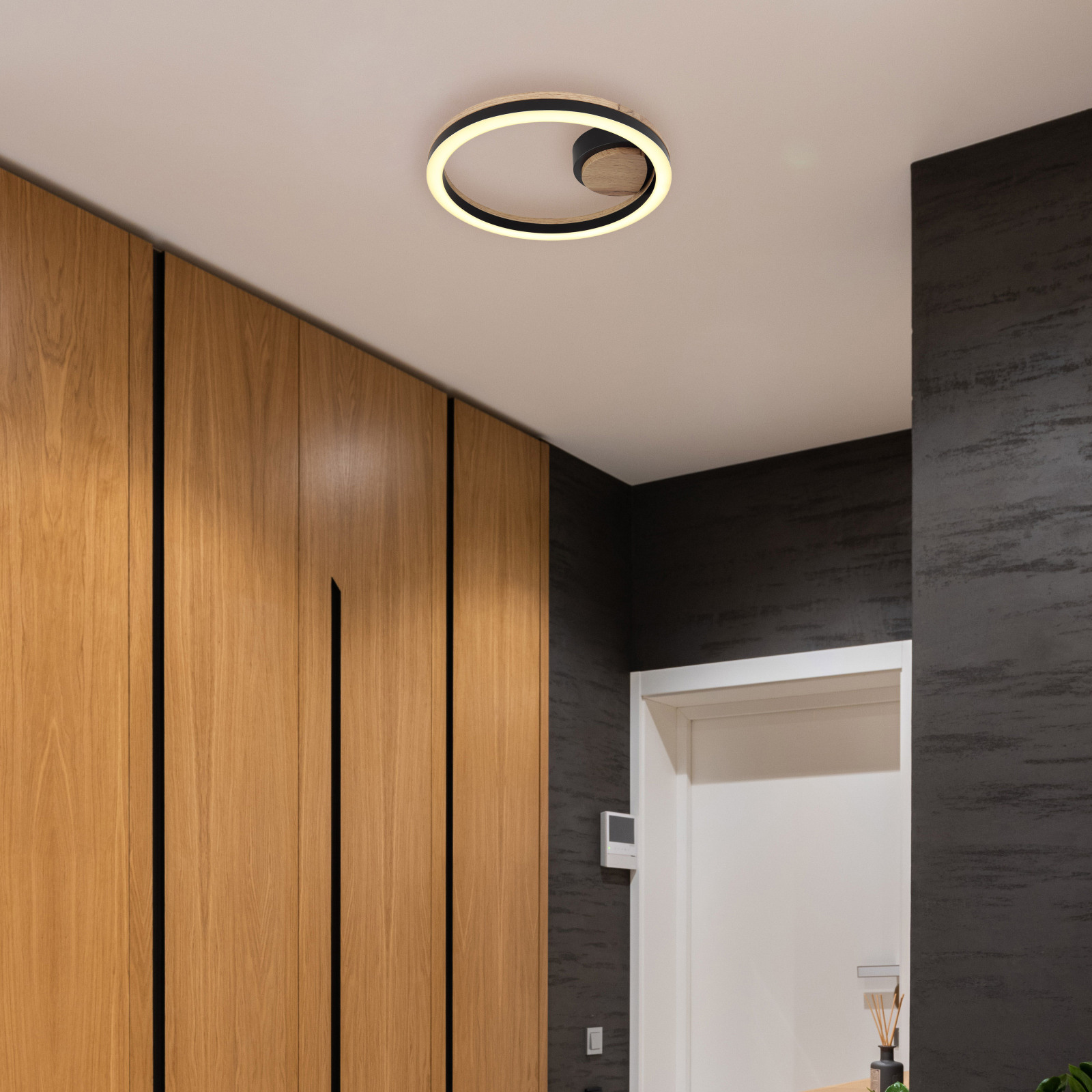 LED-Deckenleuchte - schwarz matt - Holzoptik - opal - Ø 30 cm